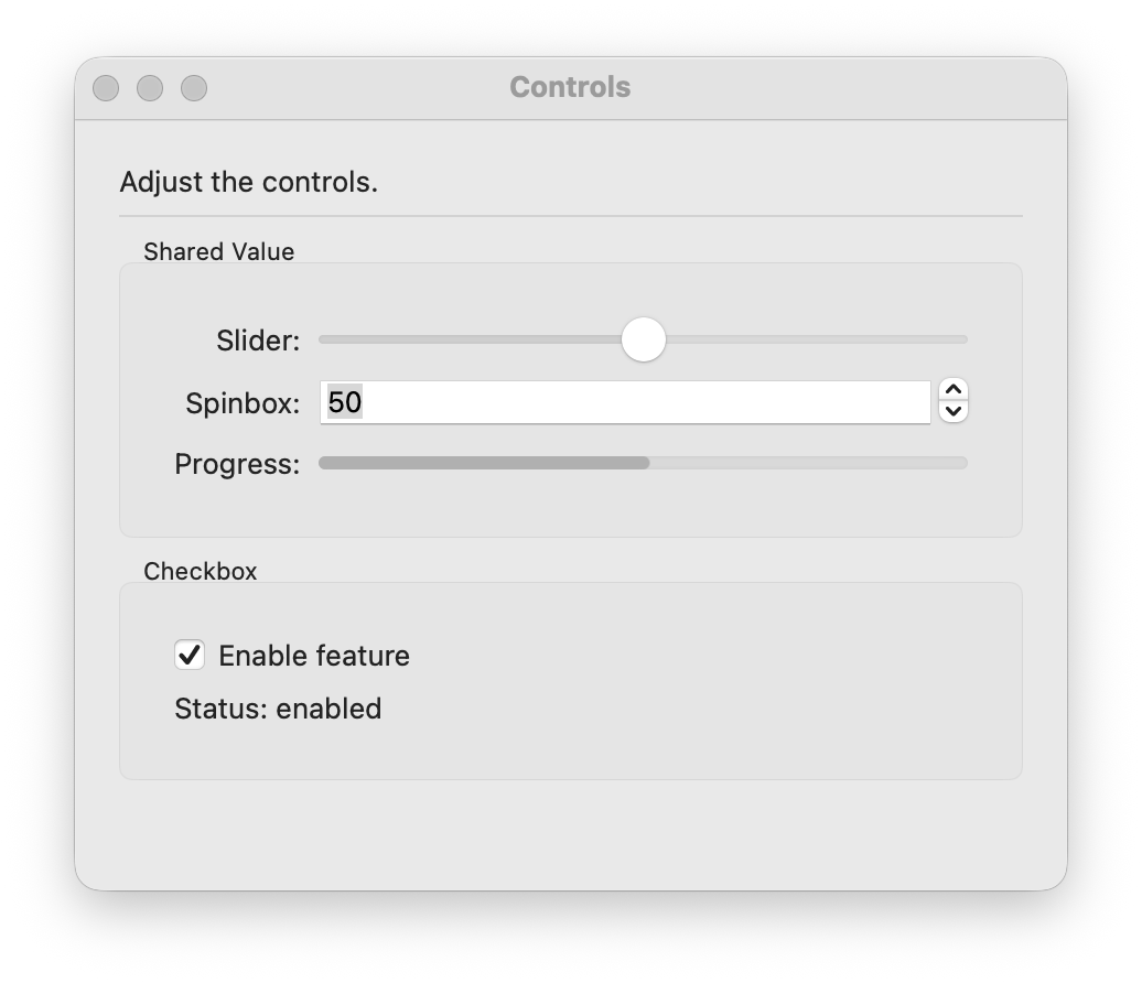 Checkbox, slider, and spinbox